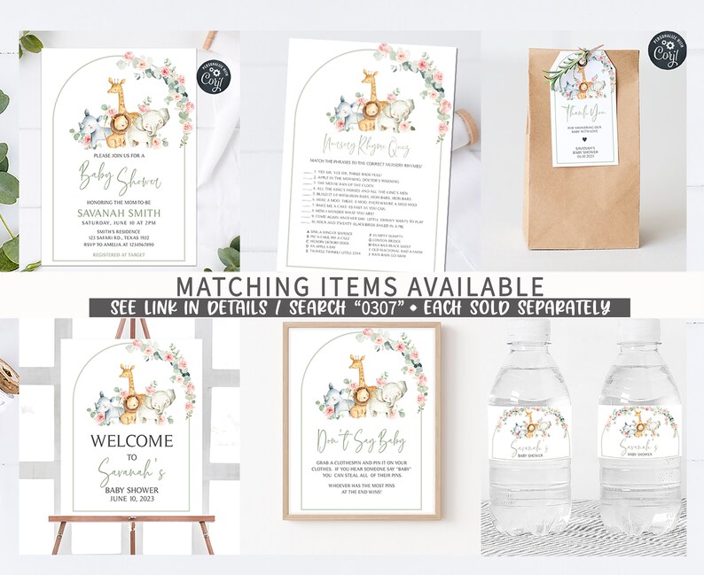 Puede incluir: Un conjunto de decoraciones imprimibles para una fiesta de baby shower con tem&aacute;tica de animales de la selva. Las decoraciones incluyen un cartel de bienvenida, una tarjeta de juego, una bolsa de regalo y etiquetas para botellas de agua. El dise&ntilde;o presenta una jirafa, un le&oacute;n, un elefante y un mono en un estilo acuarela con flores rosas y vegetaci&oacute;n.