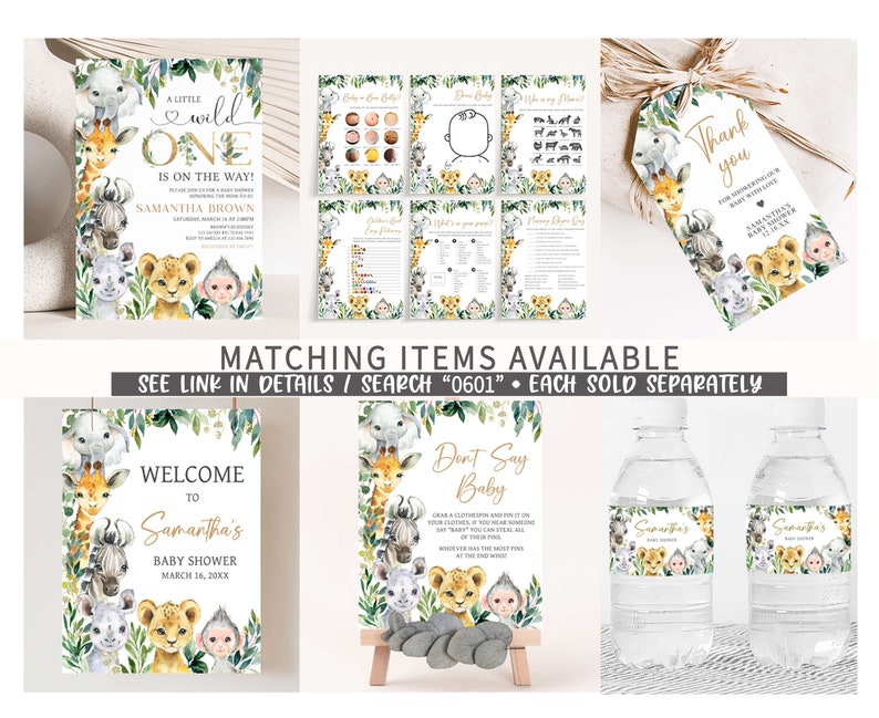 May include: A set of printable baby shower decorations with a jungle animal theme. The decorations include a welcome sign, a don't say baby sign, water bottle labels, and a thank you tag. The decorations feature a giraffe, a zebra, a monkey, and a lion.