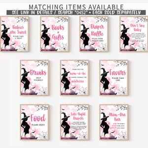 May include: A collection of framed signs with a Halloween theme. Each sign features a silhouette of a pregnant woman wearing a witch hat, with pink and white watercolor backgrounds. The signs have text such as "Babies are Sweet" and "Diaper Raffle".