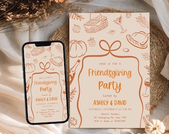 Bearbeitbare Friendsgiving Dinner Party Einladung, Freunde Thanksgiving einladen, Thanksgiving Kürbis Einladung, handgezeichnete Weihnachtsfeier 123SE