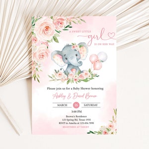 Editable Pink Elephant Baby Shower Invitation, Girl Elephant Balloon Baby Shower Invite, Pink Balloon Girl Baby Shower Invite Template, 0615