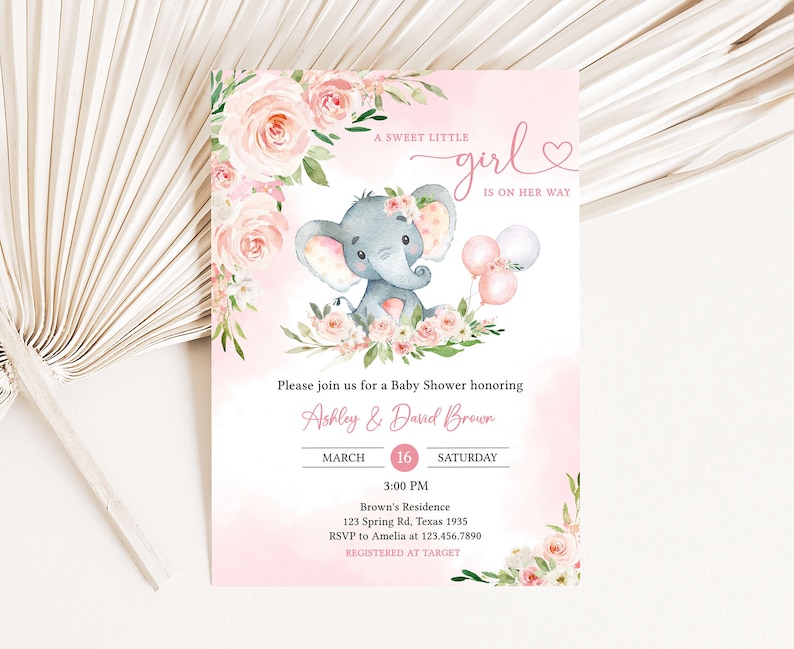 Invitación editable para fiesta de bienvenida al bebé con elefante rosa, Invitación para fiesta de bienvenida al bebé con globo de niña elefante, Plantilla de invitación para fiesta de bienvenida al bebé con niña de globo rosa, 0615 imagen 1