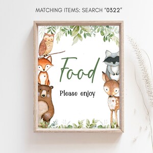Woodland Baby Shower Food Sign, Greenery Woodland Animals Baby Shower Food Table Sign Gender Neutral Forest Animals Decoration Template 0322