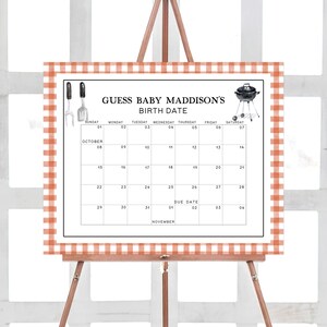 Bearbeitbarer Grill-Babyparty-Fälligkeitskalender, Hinterhof-Babypartykalender, geschlechtsneutrale Coed-Geburtstagsvorhersage druckbare Vorlage 0278
