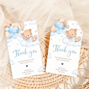 Editable We Can Bearly Wait Baby Shower Favor Tag, Blue Teddy Bear Baby Shower Gift Tag, Brown Bear Balloon, Boy Bow Baby Shower Tags, 01101