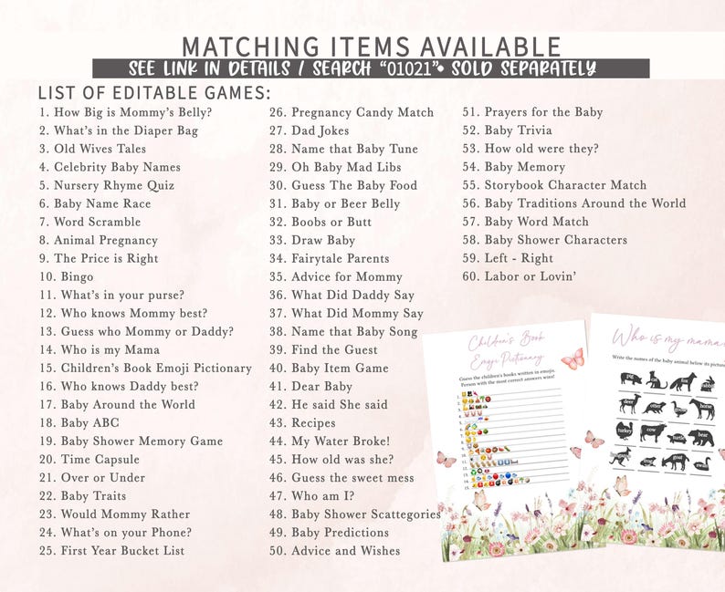 a list of matching items available for a baby shower