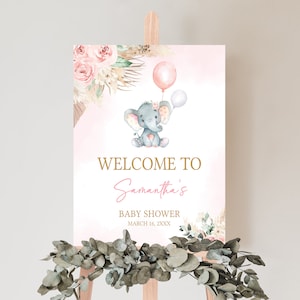 Redigerbar bohemisk elefant-babyshower-välkomstskylt, välkomstaffisch för flicka med rosa elefant, babyshower med rosa blommor och pampasgräs, 0619 bild 1