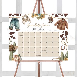 Editable A Little Cowboy Baby Shower Due Date Calendar, Wild West Cowboy Clothes Baby Shower Calendar, Boy Western Rodeo Baby Arrival, 01039
