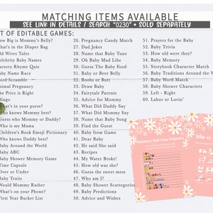 May include: A pink and white printable baby shower game card with a list of 60 editable games. The card has a floral design with white daisies on a pink background. The text on the card reads "Matching Items Available" and "See Link in Details / Search "0230" Sold Separately".