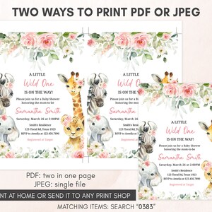 May include: Two printable baby shower invitations with a jungle animal theme. The invitations feature a pink floral border with a giraffe, zebra, lion, and elephant. The text on the invitations reads "A Little Wild One is on the Way!" and includes the date, time, and location of the shower. The invitations are available in PDF and JPEG formats.
