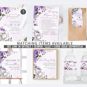 May include: Purple and gray baby shower decorations with a watercolor elephant design. The set includes a welcome sign, a don't say baby game, a nursery rhyme quiz, a favor bag, and water bottle labels. The text on the welcome sign reads "Welcome to Samantha's Baby Shower May 20, 2023".