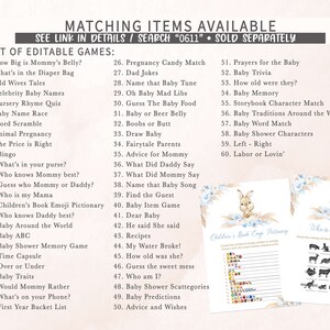 Puede incluir: Un conjunto de juegos de baby shower imprimibles con un esquema de color azul claro y beige. Los juegos incluyen "How Big is Mommy's Belly?", "What's in the Diaper Bag", "Old Wives Tales", "Celebrity Baby Names", "Nursery Rhyme Quiz", "Baby Name Race", "Word Scramble", "Animal Pregnancy", "The Price is Right", "Bingo", "What's in your purse?", "Who knows Mommy best?", "Guess who Mommy or Daddy?", "Who is my Mama", "Children's Book Emoji Pictionary", "Who knows Daddy best?", "Baby Around the World", "Baby ABC", "Baby Shower Memory Game", "Time Capsule", "Over or Under", "Baby Traits", "Would Mommy Rather", "What's on your Phone?", "First Year Bucket List", "Pregnancy Candy Match", "Dad Jokes", "Name that Baby Tune", "Oh Baby Mad Libs", "Guess The Baby Food", "Baby or Beer Belly", "Boobs or Butt", "Draw Baby", "Fairytale Parents", "Advice for Mommy", "What Did Daddy Say", "What Did Mommy Say", "Name that Baby Song", "Find the Guest", "Baby Item Game", "Dear Baby", "He said She said", "Recipes", "My Water Broke!", "How old was she?", "Guess the sweet mess", "Who am I?", "Baby Shower Scattegories", "Baby Predictions", "Advice and Wishes", "Prayers for the Baby", "Baby Trivia", "How old were they?", "Baby Memory", "Storybook Character Match", "Baby Traditions Around the World", "Baby Word Match", "Baby Shower Characters", "Left - Right", "Labor or Lovin'".
