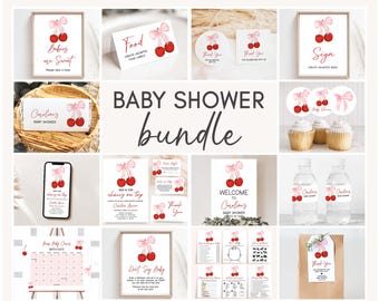 Editable Cherry Baby Shower Bundle, Cherry on Top Coquette Baby Shower Pack, Minimalist Pink Bow Cherry Shower Mega Bundle Template, 01033