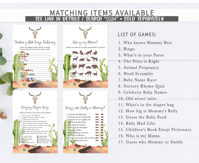 Puede incluir: Un conjunto de juegos de baby shower imprimibles con un tema de cactus y calavera. Los juegos incluyen "&iquest;Qui&eacute;n conoce mejor a mam&aacute;?", "Bingo", "&iquest;Qu&eacute; hay en tu bolso?", "El precio es correcto", "Embarazo animal", "Mezcla de palabras", "Carrera de nombres de beb&eacute;s", "Quiz de rimas de cuna", "Nombres de beb&eacute;s famosos", "Cuentos de viejas", "&iquest;Qu&eacute; hay en la bolsa de pa&ntilde;ales?", "&iquest;Qu&eacute; tan grande est&aacute; la barriga de mam&aacute;?", "Adivina la comida para beb&eacute;s", "Baby Mad Libs", "Pictionary de emojis de libros para ni&ntilde;os", "&iquest;Qui&eacute;n es mi mam&aacute;?", y "Adivina qui&eacute;n es mam&aacute; o pap&aacute;".