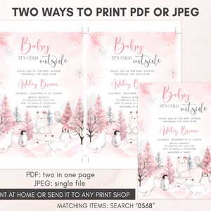 Bearbeitbares Mädchen Arktische Tiere-Babyparty-Einladung, Rosa Winter-Babyparty-Einladung, Rosa Baby Es ist kalt draußen Babyparty-Einladung, 0568 Bild 3