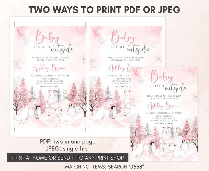 Bearbeitbares Mädchen Arktische Tiere-Babyparty-Einladung, Rosa Winter-Babyparty-Einladung, Rosa Baby Es ist kalt draußen Babyparty-Einladung, 0568 Bild 3