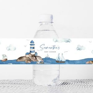 Bearbeitbar Ahoi Es ist ein Junge-Babyparty-Flaschenetikett, nautische Babyparty-Wasseretiketten, blaues Boot nautisch, Ozean-Wasserflaschenaufkleber, 0778