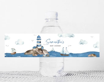 Bearbeitbar Ahoi Es ist ein Junge-Babyparty-Flaschenetikett, nautische Babyparty-Wasseretiketten, blaues Boot nautisch, Ozean-Wasserflaschenaufkleber, 0778