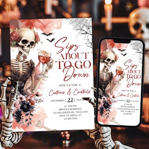 a Halloween-themed invitation with a skeleton holding a wine glass and flowers, along with a smartphone displaying a similar invitation.