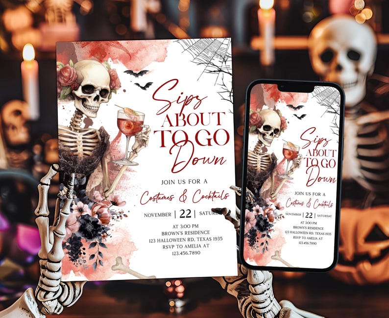 a Halloween-themed invitation with a skeleton holding a wine glass and flowers, along with a smartphone displaying a similar invitation.