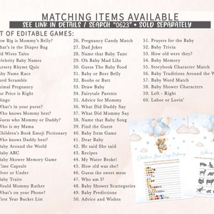 Puede incluir: Un conjunto de juegos de baby shower imprimibles con un esquema de color azul y blanco. Los juegos incluyen "How Big is Mommy's Belly?", "What's in the Diaper Bag", "Old Wives Tales", "Celebrity Baby Names", "Nursery Rhyme Quiz", "Baby Name Race", "Word Scramble", "Animal Pregnancy", "The Price is Right", "Bingo", "What's in your purse?", "Who knows Mommy best?", "Guess who Mommy or Daddy?", "Who is my Mama", "Children's Book Emoji Pictionary", "Who knows Daddy best?", "Baby Around the World", "Baby ABC", "Baby Shower Memory Game", "Time Capsule", "Over or Under", "Baby Traits", "Would Mommy Rather", "What's on your Phone?", "First Year Bucket List", "Pregnancy Candy Match", "Dad Jokes", "Name that Baby Tune", "Oh Baby Mad Libs", "Guess The Baby Food", "Baby or Beer Belly", "Boobs or Butt", "Draw Baby", "Fairytale Parents", "Advice for Mommy", "What Did Daddy Say", "What Did Mommy Say", "Name that Baby Song", "Find the Guest", "Baby Item Game", "Dear Baby", "He said She said", "Recipes", "My Water Broke!", "How old was she?", "Guess the sweet mess", "Who am I?", "Baby Shower Scattegories", "Baby Predictions", "Advice and Wishes", "Prayers for the Baby", "Baby Trivia", "How old were they?", "Baby Memory", "Storybook Character Match", "Baby Traditions Around the World", "Baby Word Match", "Baby Shower Characters", "Left - Right", "Labor or Lovin'".