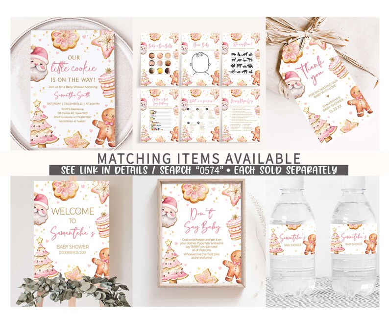 May include: A collection of baby shower stationery with a Christmas theme. Includes invitations, games, a welcome sign, and water bottle labels. Designs feature gingerbread men, Christmas trees, and Santa Claus illustrations in pink and gold.