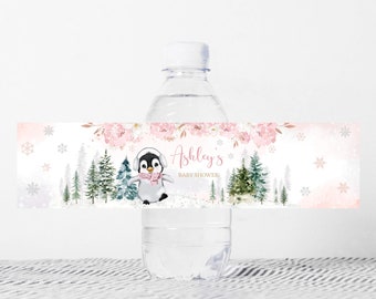 Editable Winter Penguin Baby Shower Bottle Labels, Girl Penguin Baby Shower Water Labels, Pink Baby It's Cold Outside Bottle Stickers, 0557