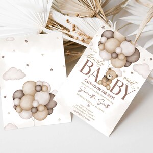 Editable Bear Balloon Baby Shower Invitation Bundle, We Can Bearly Wait Baby Shower Invite Set, Gender Neutral Brown Bear Baby Shower, 0605 image 2