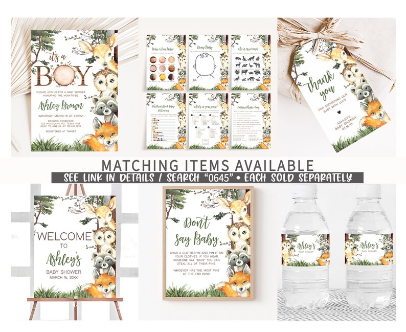 May include: A set of printable baby shower decorations featuring woodland animals, including a fox, owl, raccoon, and deer. The decorations include a welcome sign, a don't say baby game, water bottle labels, and a thank you tag. The text on the decorations says "Welcome to Ashley's Baby Shower" and "Don't Say Baby".