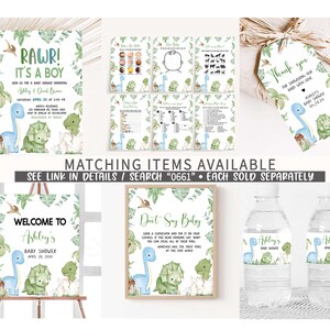 Puede incluir: Un conjunto de decoraciones imprimibles para una fiesta de baby shower con tem&aacute;tica de dinosaurios. Las decoraciones incluyen un cartel de bienvenida, un cartel de "no digas beb&eacute;", etiquetas para botellas de agua y una etiqueta de agradecimiento. Los colores son verde, azul y marr&oacute;n.
