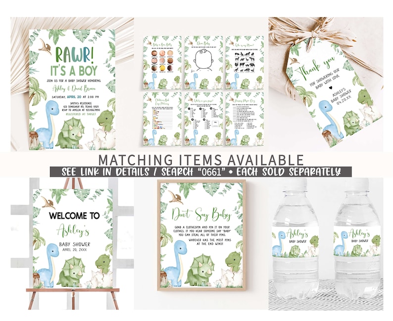 Puede incluir: Un conjunto de decoraciones imprimibles para una fiesta de baby shower con tem&aacute;tica de dinosaurios. Las decoraciones incluyen un cartel de bienvenida, un cartel de "no digas beb&eacute;", etiquetas para botellas de agua y una etiqueta de agradecimiento. Los colores son verde, azul y marr&oacute;n.