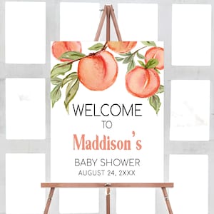 Bearbeitbares Pfirsich-Babyparty-Willkommensschild, ein süßes kleines Pfirsich-Babyparty-Willkommensplakat, grünes süßes Pfirsich-Mädchen-Babypartyschild, 0796