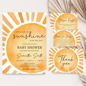 Editable Boho Sunshine Baby Shower Invitation Bundle, Girl Sun Baby Shower Invite Set, A Little Ray of Sunshine Baby Shower Invitation, 0754