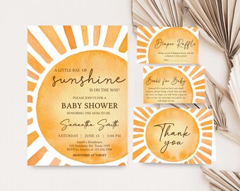 Bundle modifiable d'Invitation pour baby shower Boho Sunshine, ensemble d'invitations pour baby shower fille soleil, Invitation de baby shower un petit rayon de soleil, 0754