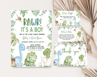 Bearbeitbares Dinosaurier-Babyparty-Einladungspaket, Dino-Babyparty-Einladungsset, Jungen-Dinosaurier-Babyparty-Einladungspaket, es ist ein Jungen-Dinosaurier 0661