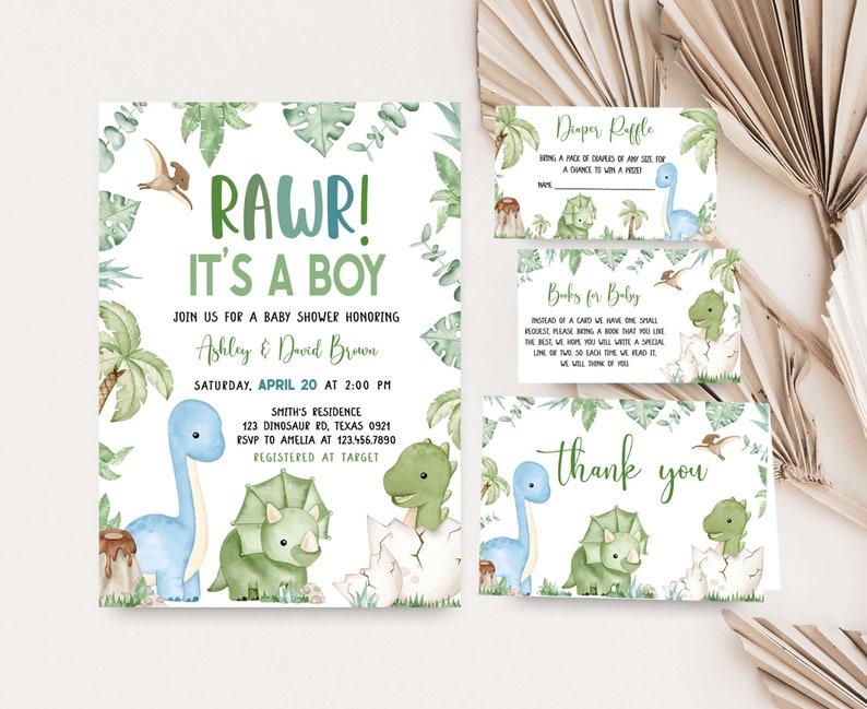 Editable Dinosaur Baby Shower Invitation Bundle, Dino Baby Shower Invite Set, Boy Dinosaur Baby Shower Invite Pack, It's A Boy Dinosaur 0661 image 1
