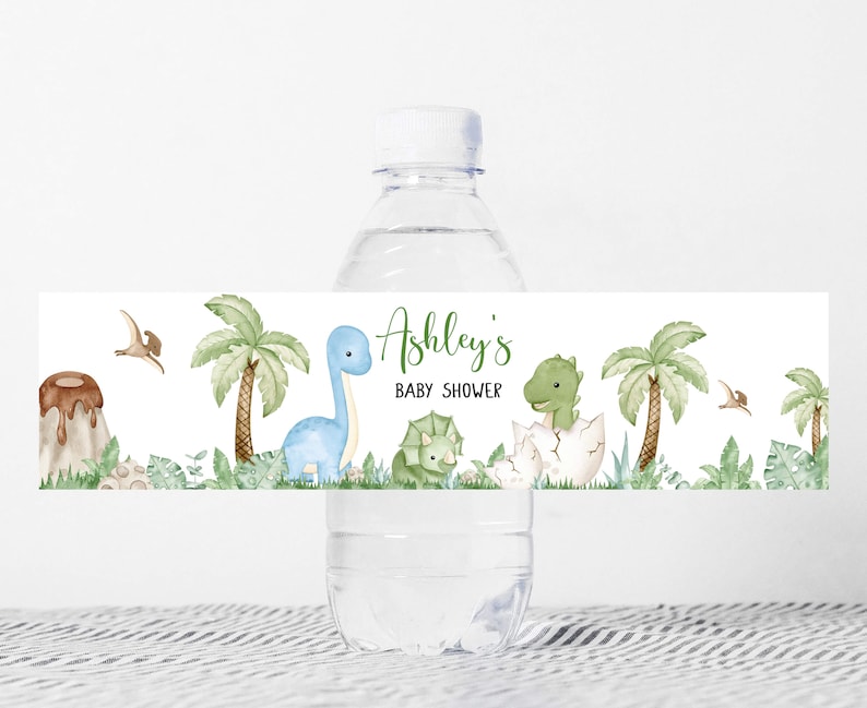 Etiqueta editable de la botella de la ducha del bebé del dinosaurio, etiqueta del agua de la ducha del bebé de Dino, etiqueta engomada de la botella de la ducha del bebé del dinosaurio del niño, es un dinosaurio del niño, 0661 imagen 1
