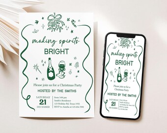 Editable Making Spirits Bright Christmas Invitation, Christmas Cocktails Holiday Invitation, Adult Holiday Christmas Party Invitation, 50SE