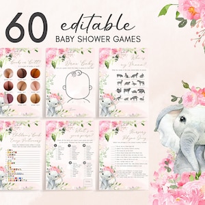Pink Elephant Baby Shower Games Bundle, Blush Pink Floral Baby Shower Activity, Girl Baby Elephant Game Package Printable Template 0224 image 1