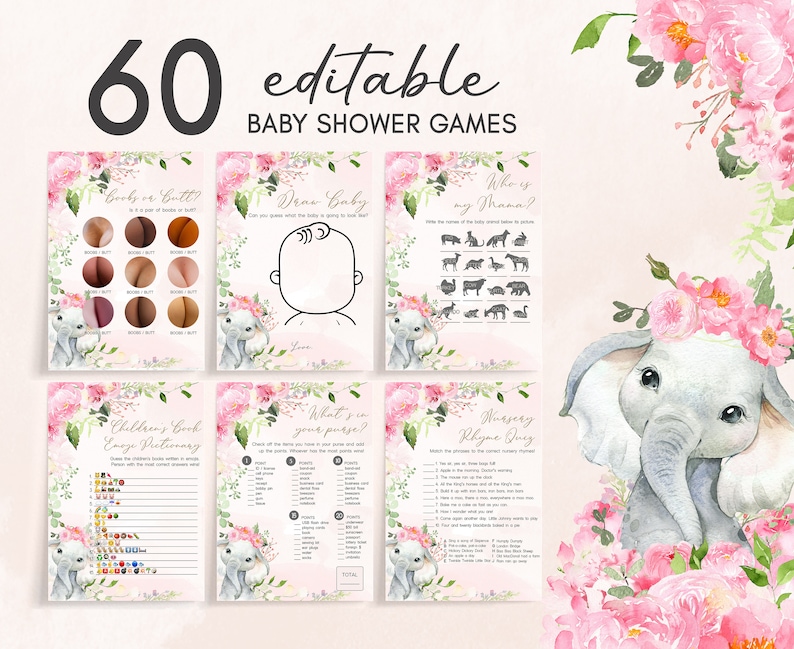 Pink Elephant Baby Shower Games Bundle, Blush Pink Floral Baby Shower Activity, Girl Baby Elephant Game Package Printable Template 0224 image 1