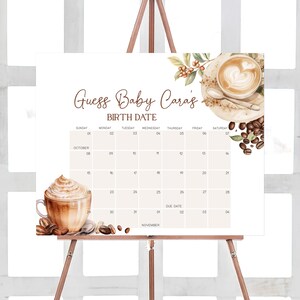 Bearbeitbarer Kaffee-Babyparty-Fälligkeitsdatumskalender, Ein Baby braut Kaffeebohne-Babypartykalender, Neutraler Kaffee-Geburtstagsvorhersagen 01064