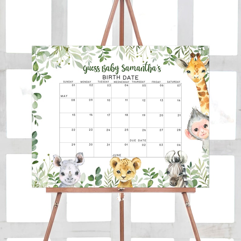 Op de afbeelding: Een witte kalender met groene bladeren en dierillustraties. De kalender heeft de titel "Raad Baby Samantha's geboortedatum" en toont de maanden mei en juni. De uitgerekende datum is op de kalender gemarkeerd.