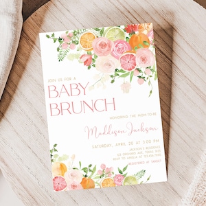 Editable Citrus Baby Brunch Baby Shower Invitation, Pink Floral Orange Citrus Baby Shower Invite, Girl Lemon Baby Shower Invitation, 0721 image 1