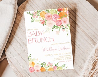 Editable Citrus Baby Brunch Baby Shower Invitation, Pink Floral Orange Citrus Baby Shower Invite, Girl Lemon Baby Shower Invitation, 0721