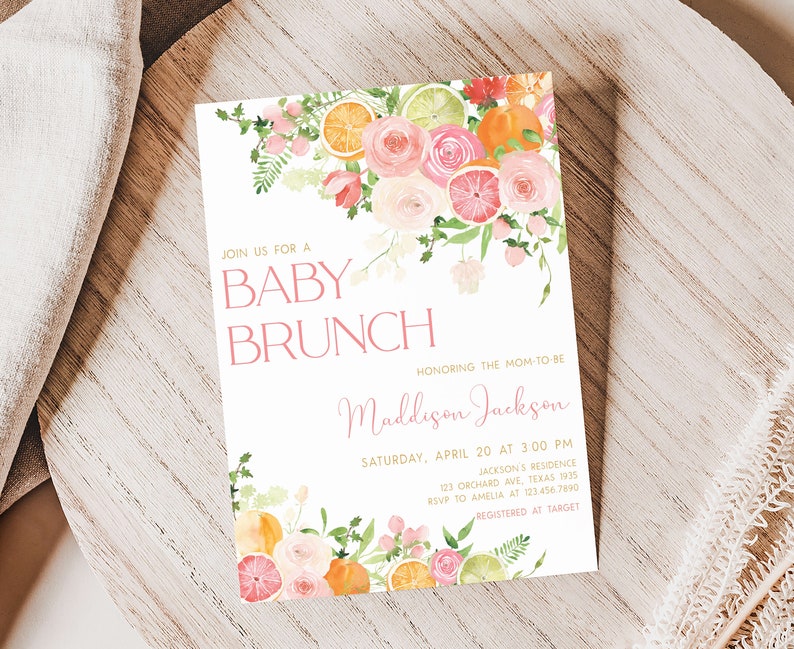 Editable Citrus Baby Brunch Baby Shower Invitation, Pink Floral Orange Citrus Baby Shower Invite, Girl Lemon Baby Shower Invitation, 0721 image 1