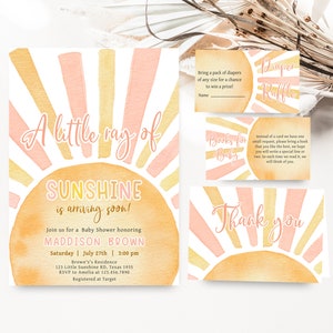 Editable A Little Ray Of Sunshine Baby Shower Invitation Bundle, Boho Sun Baby Shower Invite Set, Retro Sunshine Baby Shower Invite, 0755