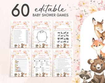 Bewerkbare roze bloemen bos babyshower spelletjesbundel, meisje bosdieren babyshower game pack, bosdieren babyshower spelletjes, 01007