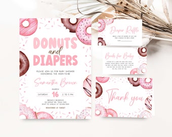 Editable Pink Donuts and Diapers Baby Shower Invitation Bundle, Girl Baby Sprinkle Baby Shower Invite Set, Sweet Girl Baby Shower, 0711