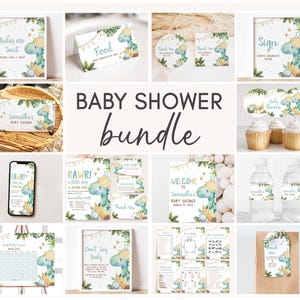 Può includere: Un pacchetto di stampabili per baby shower a tema dinosauro. Il pacchetto include una varietà di articoli come inviti, etichette per alimenti, topper per cupcake, etichette per bottiglie d'acqua e giochi. I colori sono blu, verde e giallo.