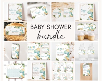 May include: A baby shower printable bundle featuring a dinosaur theme. The bundle includes a variety of items such as invitations, food labels, cupcake toppers, water bottle labels, and games. The colors are blue, green, and yellow.